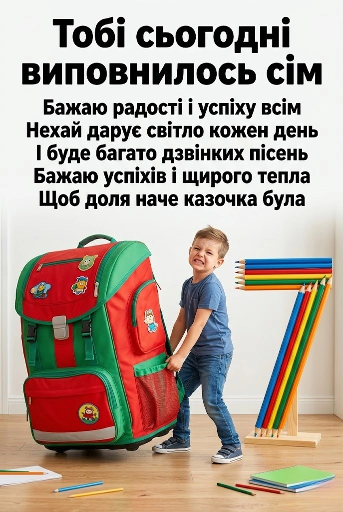 Вітаємо із семиріччям! Яскраві картинки та побажання для хлопчиків і дівчаток