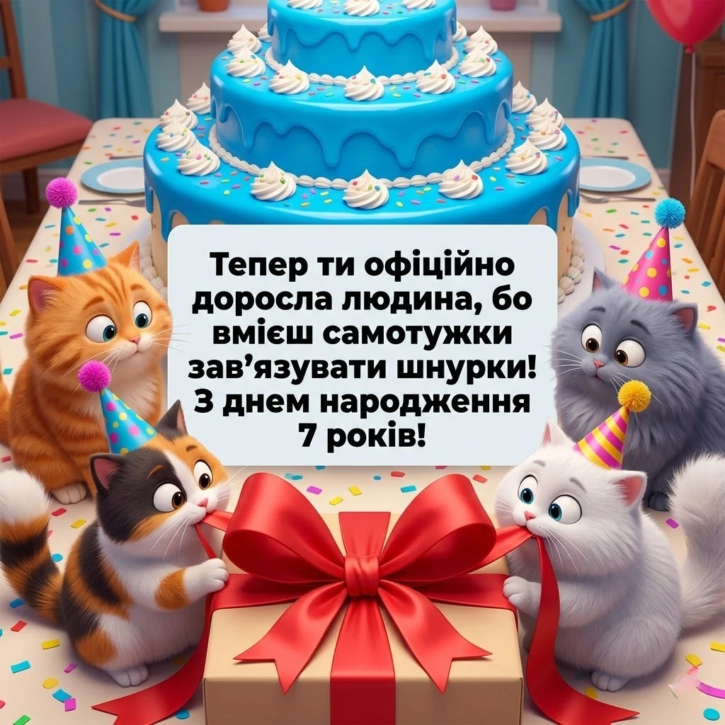 Вітаємо із семиріччям! Яскраві картинки та побажання для хлопчиків і дівчаток