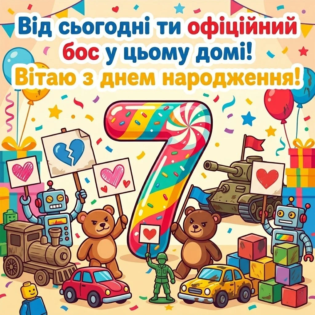 Вітаємо із семиріччям! Яскраві картинки та побажання для хлопчиків і дівчаток