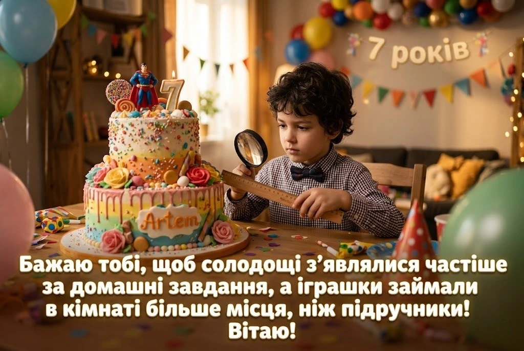Вітаємо із семиріччям! Яскраві картинки та побажання для хлопчиків і дівчаток